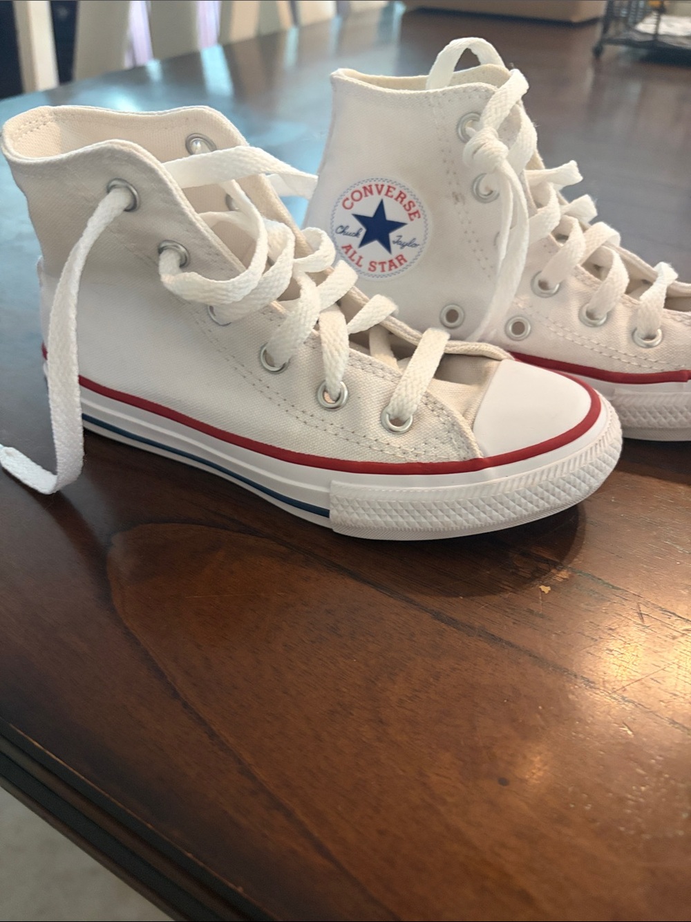 Converse White High Top Kids Sneakers with Red & Blue Stripe